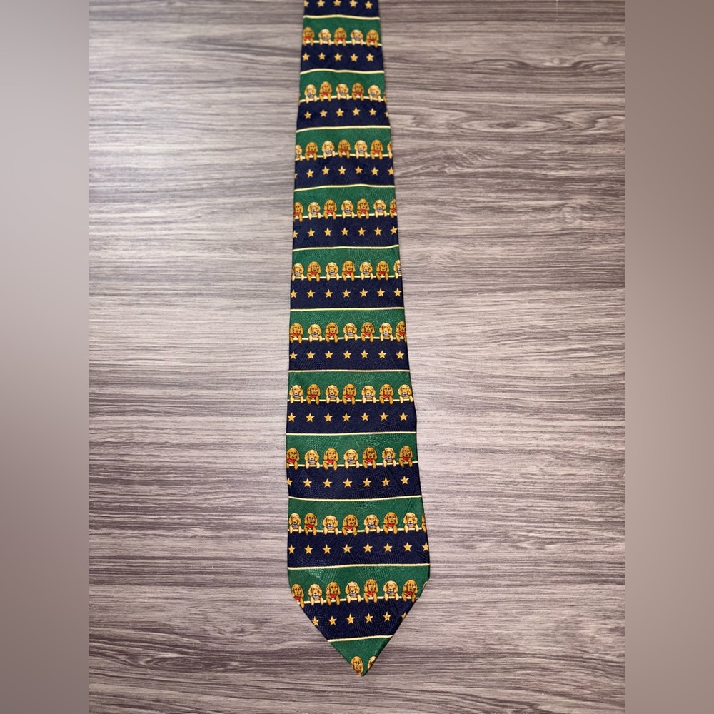 Vintage Tommy Hilfiger 100% Silk Blue & Green Striped with Dogs Necktie